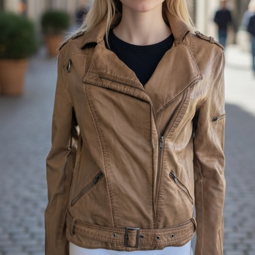 Thread & Supply Womens M Faux Leather Moto Jacket Asymmetrical Zip Up Brown Boho
